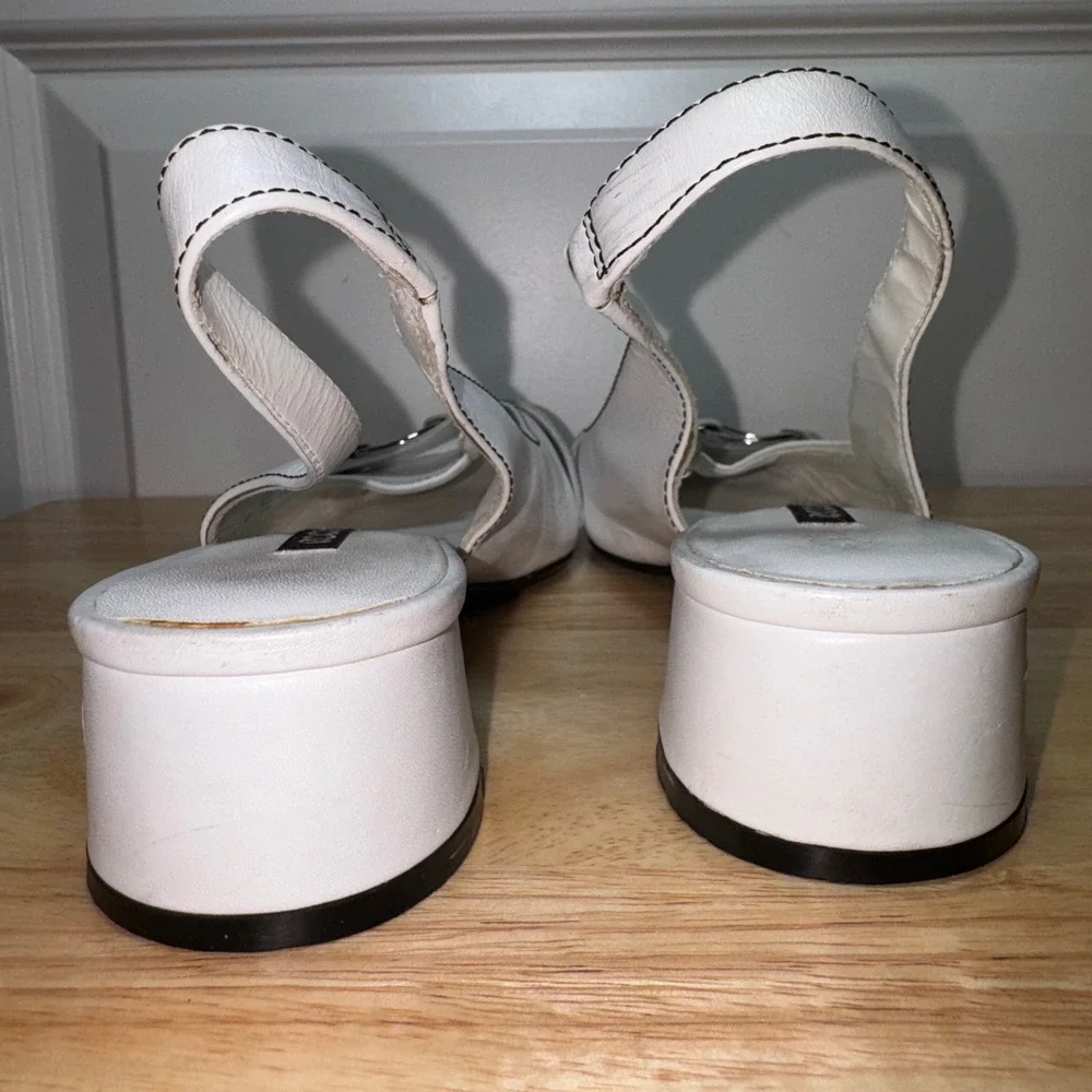 Ecco Womens White Leather Square Toe Slingback Block Heels Silver Buckle Size 40
